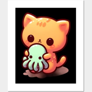 Cute little cat holding Cthulhu Posters and Art